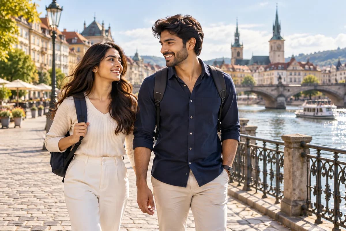 Travellers exploring a European riverside city
